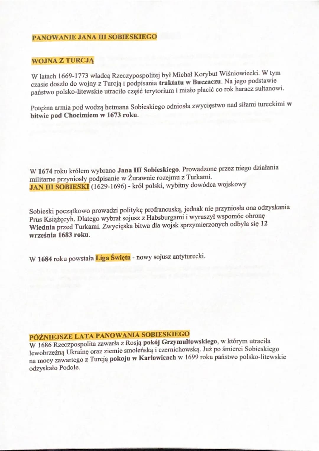 PANOWANIE JANA III SOBIESKIEGO
WOJNA Z TURCJĄ
W latach 1669-1773 władcą Rzeczypospolitej był Michał Korybut Wiśniowiecki. W tym
czasie doszł