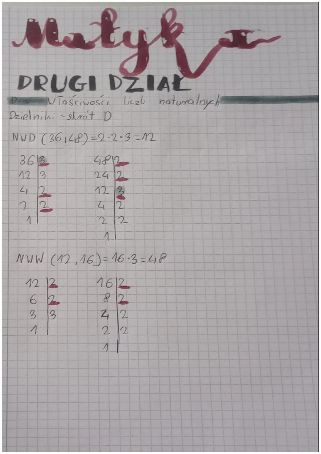 Matyk

DRUGI DZIAL

Właściwości liczb naturalnych
Dzielniki-skrot D

NWD (36148)=2.2.3=12

363
482
12 3
24 2
42
123
22
42

22
1

NWW (12,16)