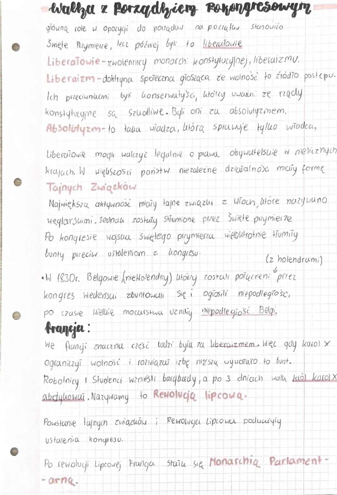 Walkza z porządkiem Pokongresowym
główną role w opozycji do porząduv na poczatuv stanovilo
Swiete Przymierze, lecz później byli to liberałow