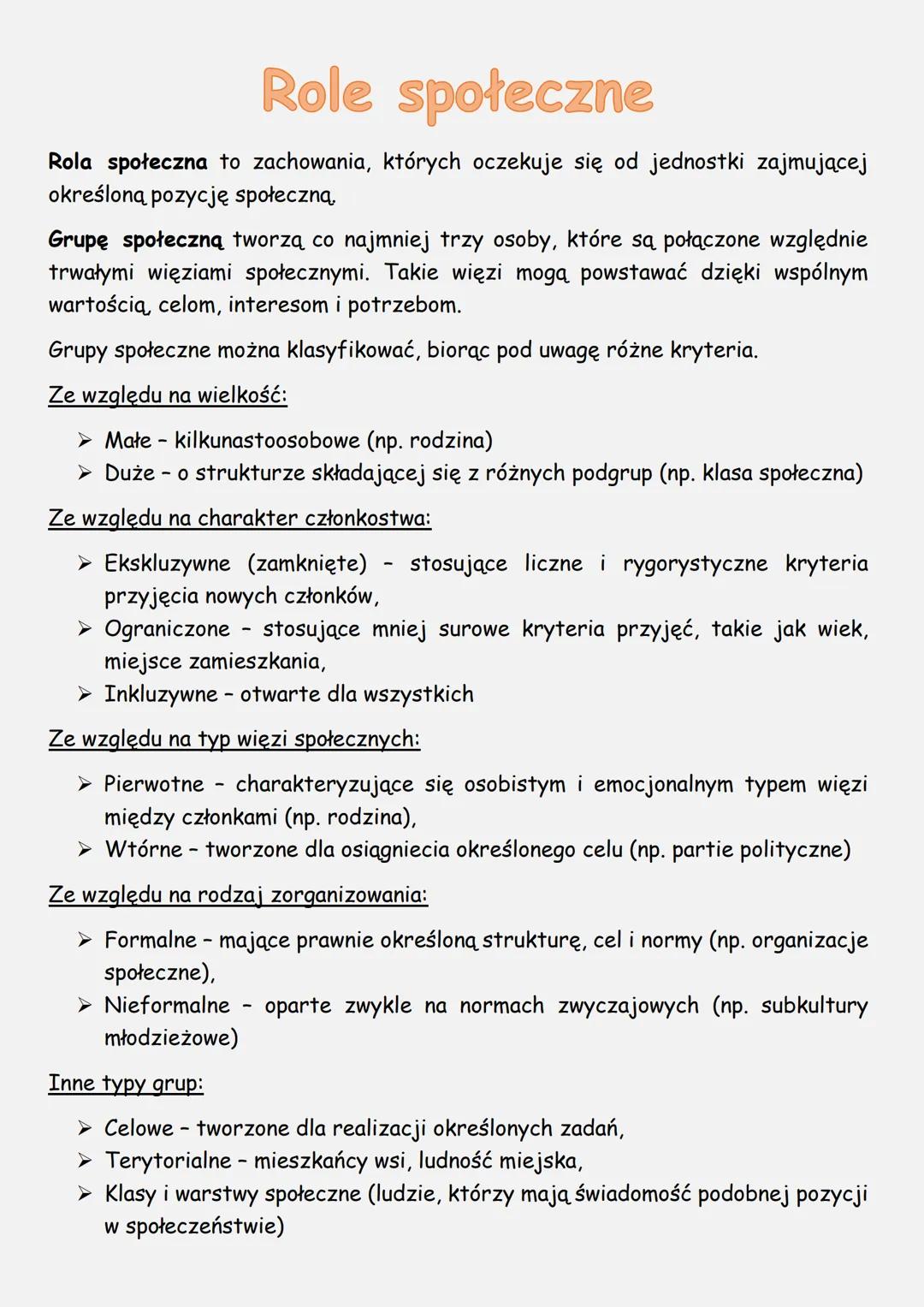 Role społeczne
Rola społeczna to zachowania, których oczekuje się od jednostki zajmującej
określoną pozycję społeczną.
Grupę społeczną tworz