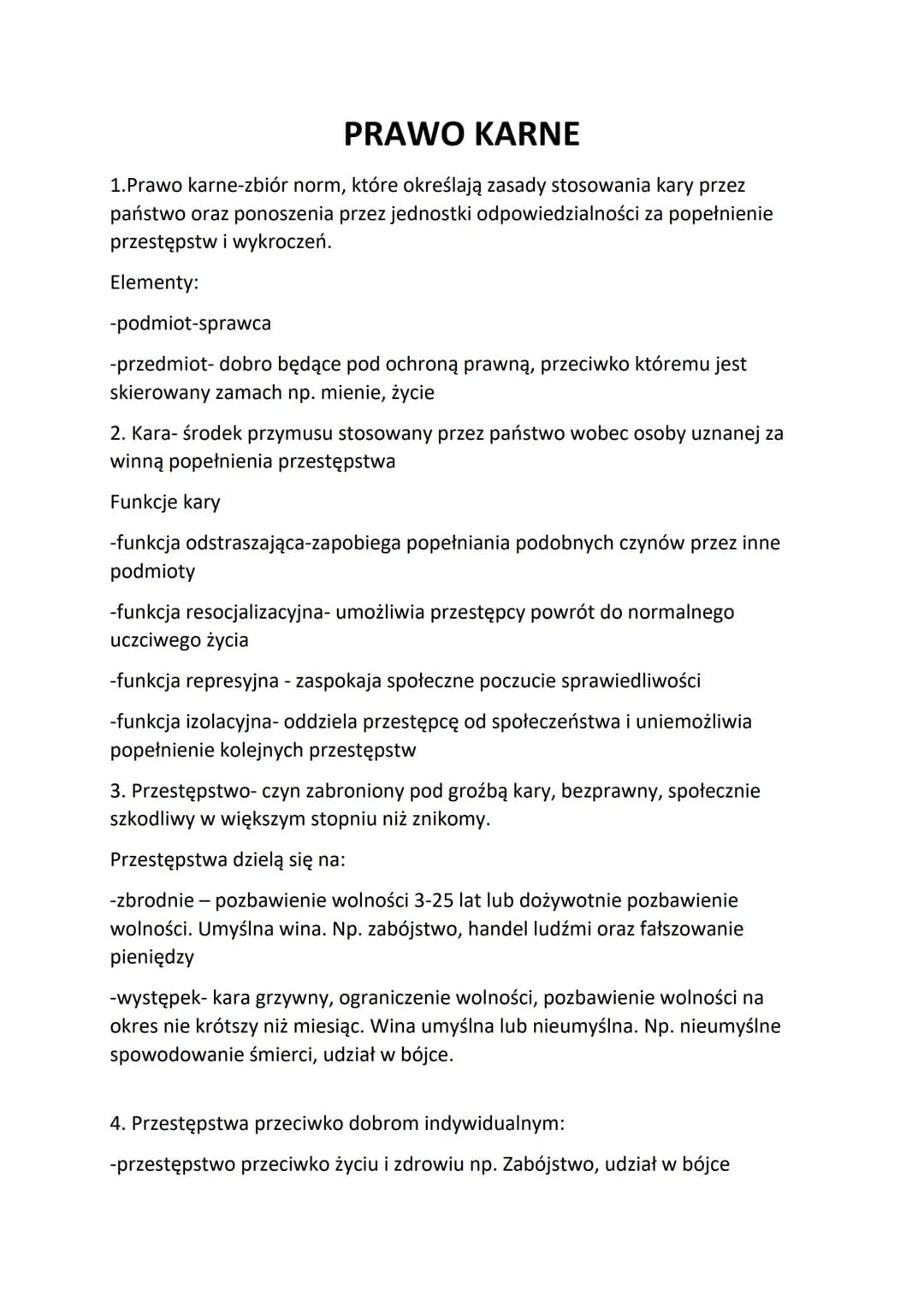 PRAWO KARNE
1.Prawo karne-zbiór norm, które określają zasady stosowania kary przez
państwo oraz ponoszenia przez jednostki odpowiedzialności