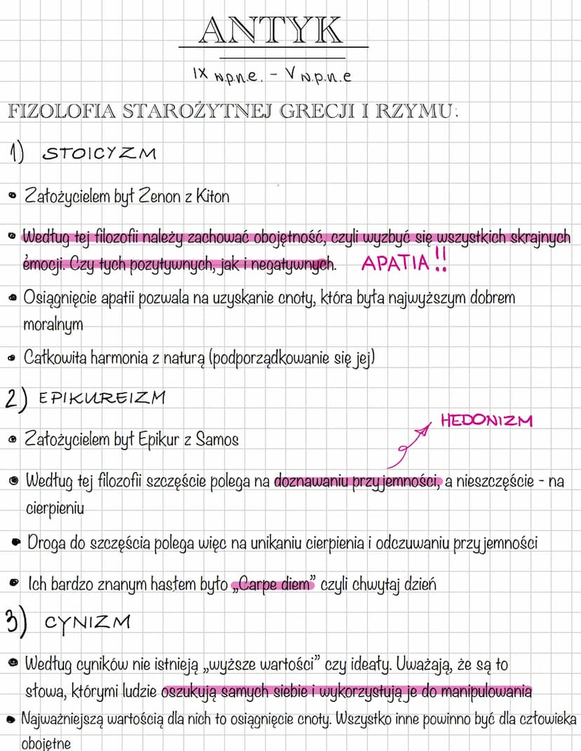 Maturalne
Notatki
Antyk ΑΝΤΥΚ
IX w.p.n.e. - V w.p.n.e.
FIZOLOFIA STAROŻYTNEJ GRECJI I RZYMU:
1) STOICYZM
Założycielem był Zenon z Kiton
• We