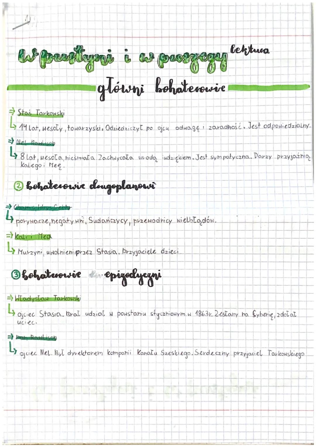 W forestyni i w pozзаду

lektura
główni bohaterowie

→Stas Tarkowski

↳ 14 Lat, wesoły, towarzyski, Odziedziczył po ojcu odwagę, zaradhość. 