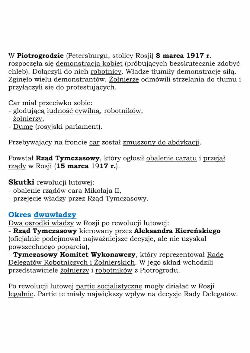 W Piotrogrodzie (Petersburgu, stolicy Rosji) 8 marca 1917 r.
rozpoczęła się demonstracja kobiet (próbujących bezskutecznie zdobyć
chleb). Do