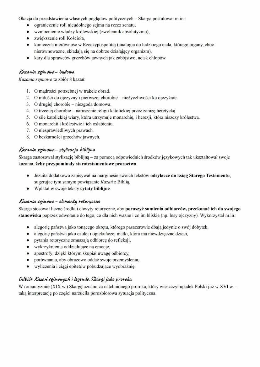 
<p>Piotr Skarga, znany z twórczości kaznodziejskiej, napisał "Kazania sejmowe" w 1597 r. Były to 8 utworów, w których autor wskazywał choro