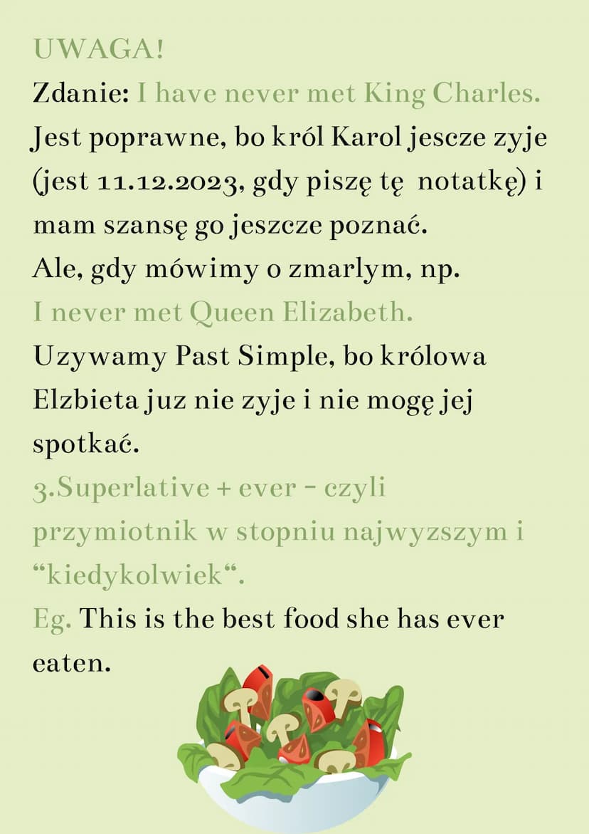 Present Perfect
BUDOWA
positive:
S + have/has + V (past participle)
negative:
S + haven't/hasn't + V (past particple)
question:
Have/Has + S
