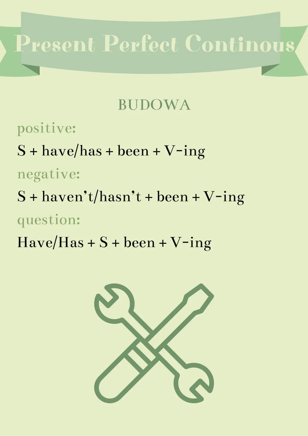Present Perfect
BUDOWA
positive:
S + have/has + V (past participle)
negative:
S + haven't/hasn't + V (past particple)
question:
Have/Has + S