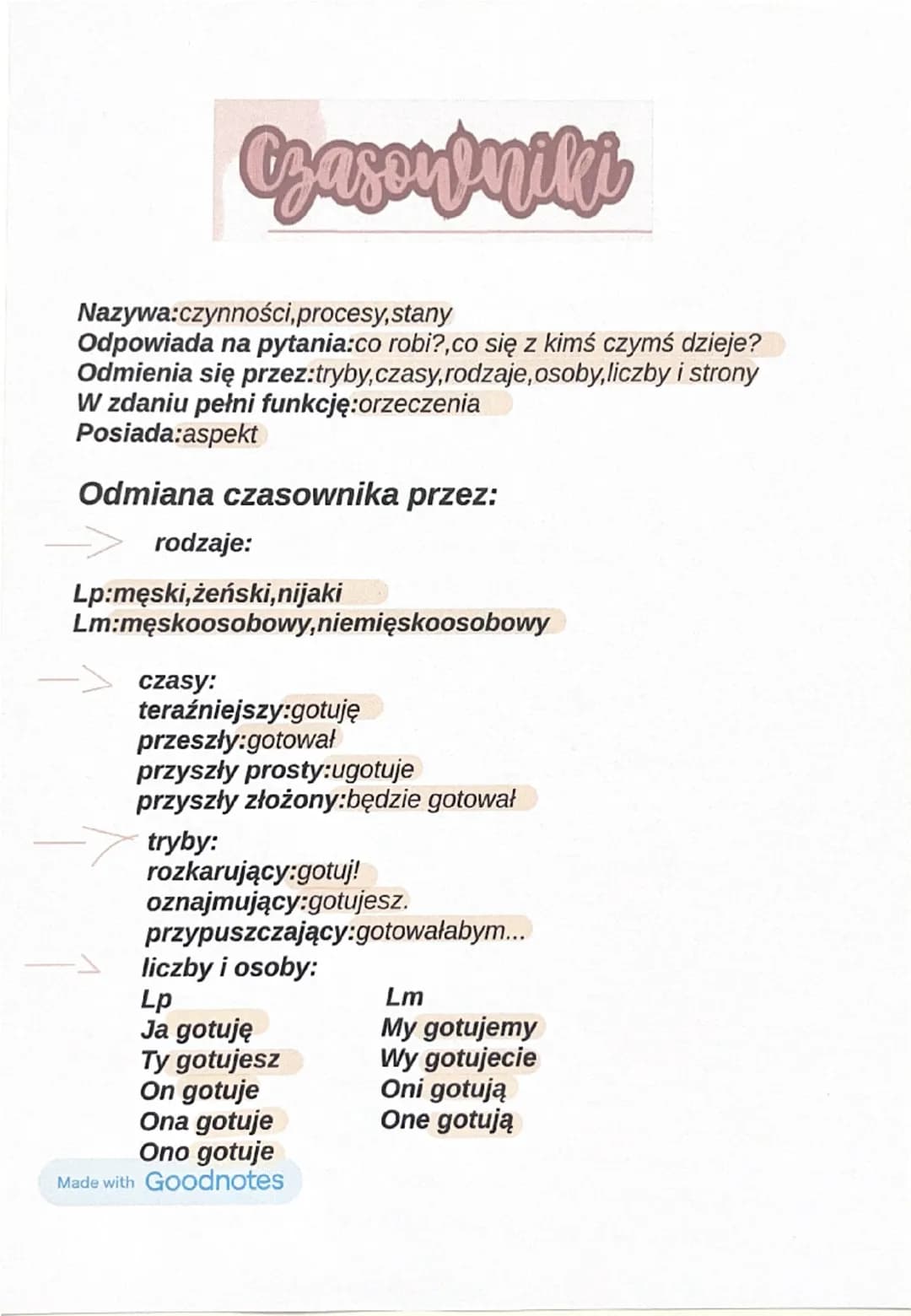 Czasopniki
Nazywa:czynności, procesy, stany
Odpowiada na pytania:co robi?, co się z kimś czymś dzieje?
Odmienia się przez:tryby,czasy, rodza