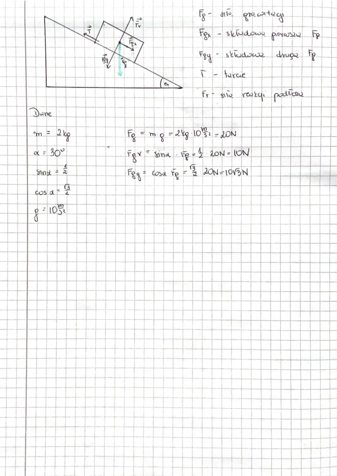 Sing -
Sila prowstagi
cosa =
13
Sil
RÓWNIA POCHYŁA
Salu
h
rex
الام
mocisku
tura
↑
슈
sind Fp = Fex
dos o
►
T
#
N
silu wypadkowie.
Fe = Fpy
N 