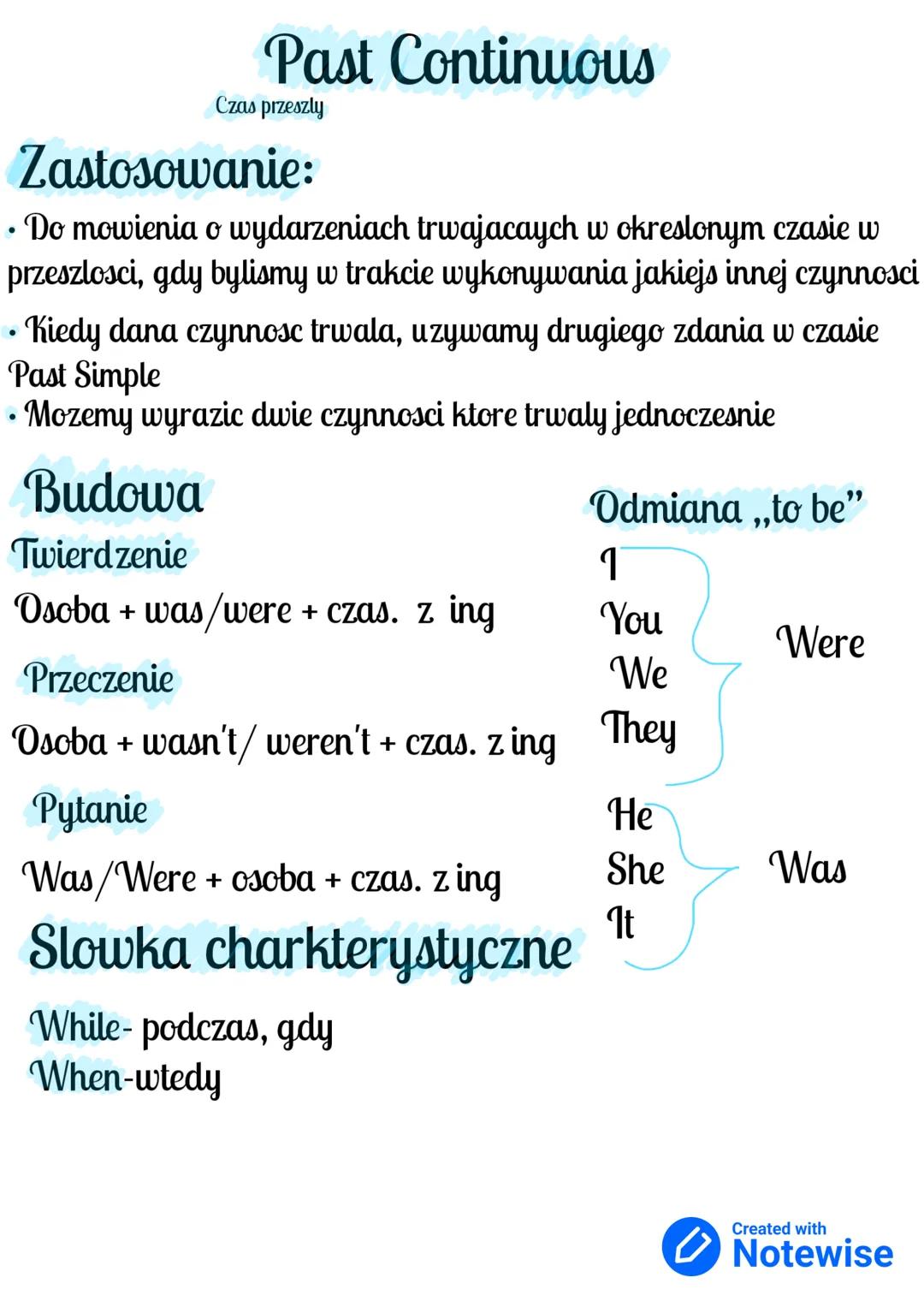 Past Continuous
Czas przeszly
Zastosowanie:
• Do mowienia o wydarzeniach trwajacaych w okreslonym czasie w
przeszlosci, gdy bylismy w trakci