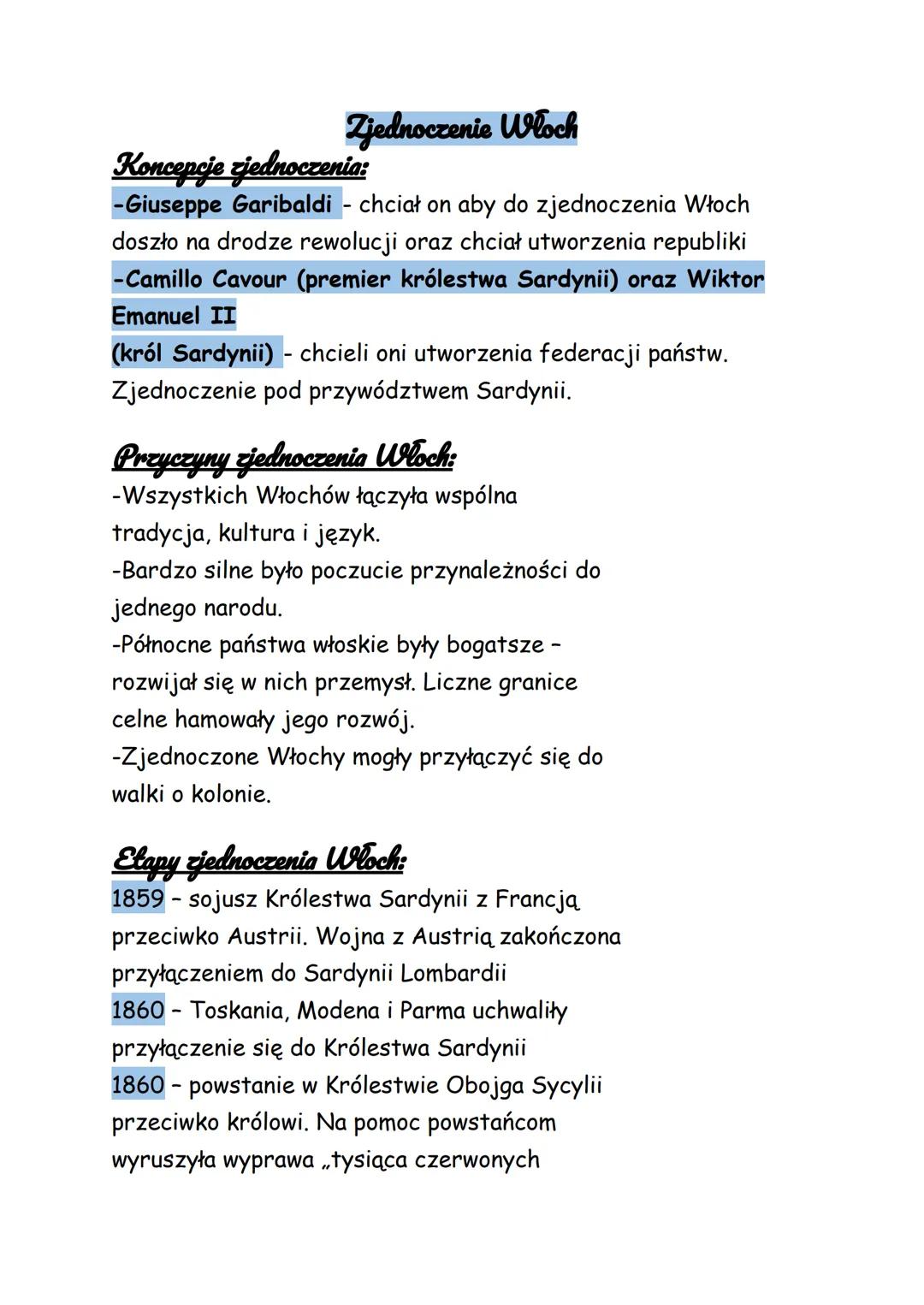 --- OCR Start ---
Zjednoczenie Włoch
Koncepcje zjednoczenia:
-Giuseppe Garibaldi - chciał on aby do zjednoczenia Włoch
doszło na drodze rewo