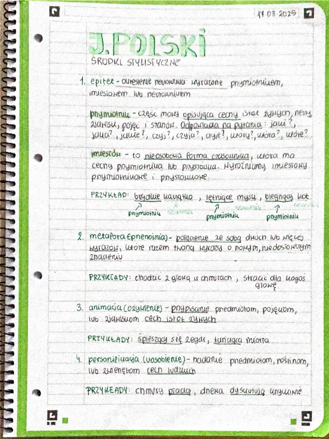 L
03-20252
J.POLSKI
SRODKI STYLISTYCZNE
1. epitet - określenie rzeczownika wyrażone przymiotnikiem,
imiesłowem lub przysłówkiem
przymiotnik 