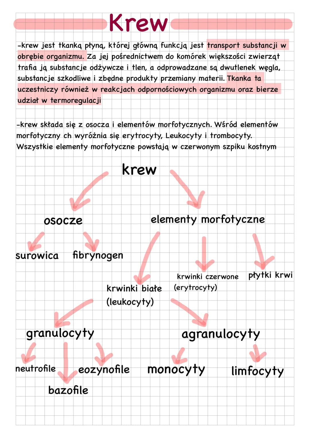 Krew
-krew jest tkanką płyną, której główną funkcją jest transport substancji w
obrębie organizmu. Za jej pośrednictwem do komórek większośc