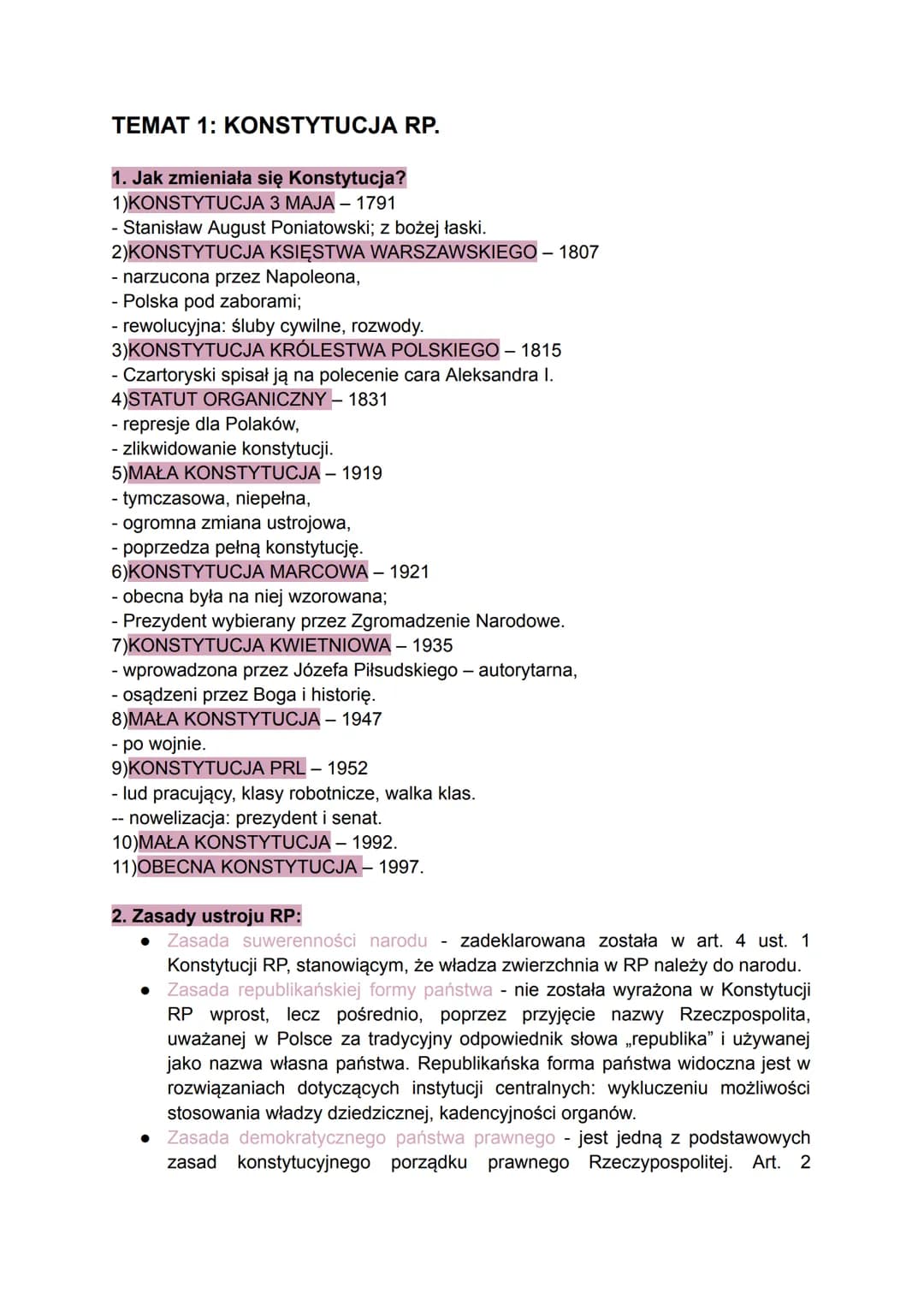 TEMAT 1: KONSTYTUCJA RP.
1. Jak zmieniała się Konstytucja?
1)KONSTYTUCJA 3 MAJA - 1791
Stanisław August Poniatowski; z bożej łaski.
2)KONSTY