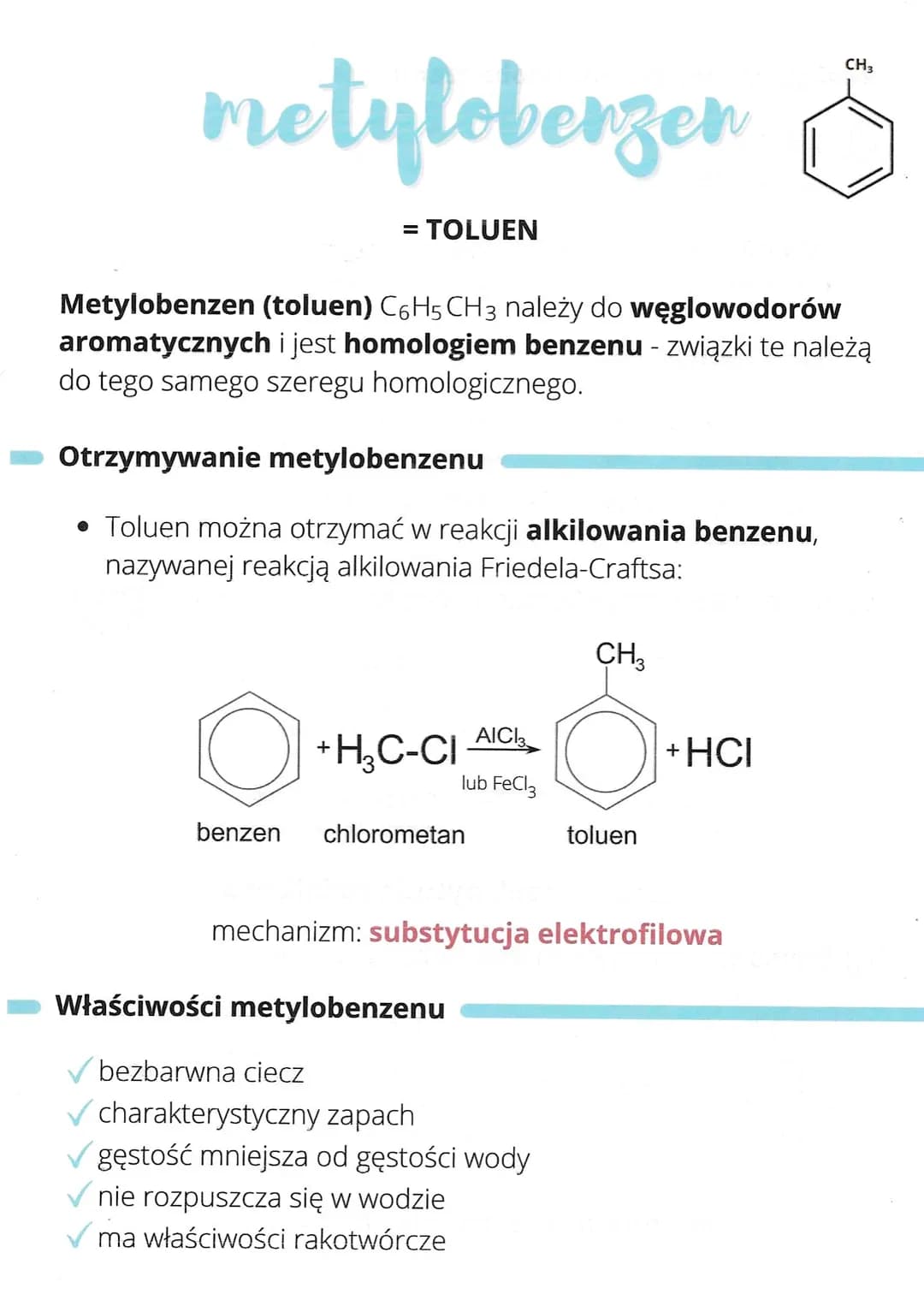 metyloberzen
=
: TOLUEN
Metylobenzen (toluen) C6H5 CH 3 należy do węglowodorów
aromatycznych i jest homologiem benzenu - związki te należą
d