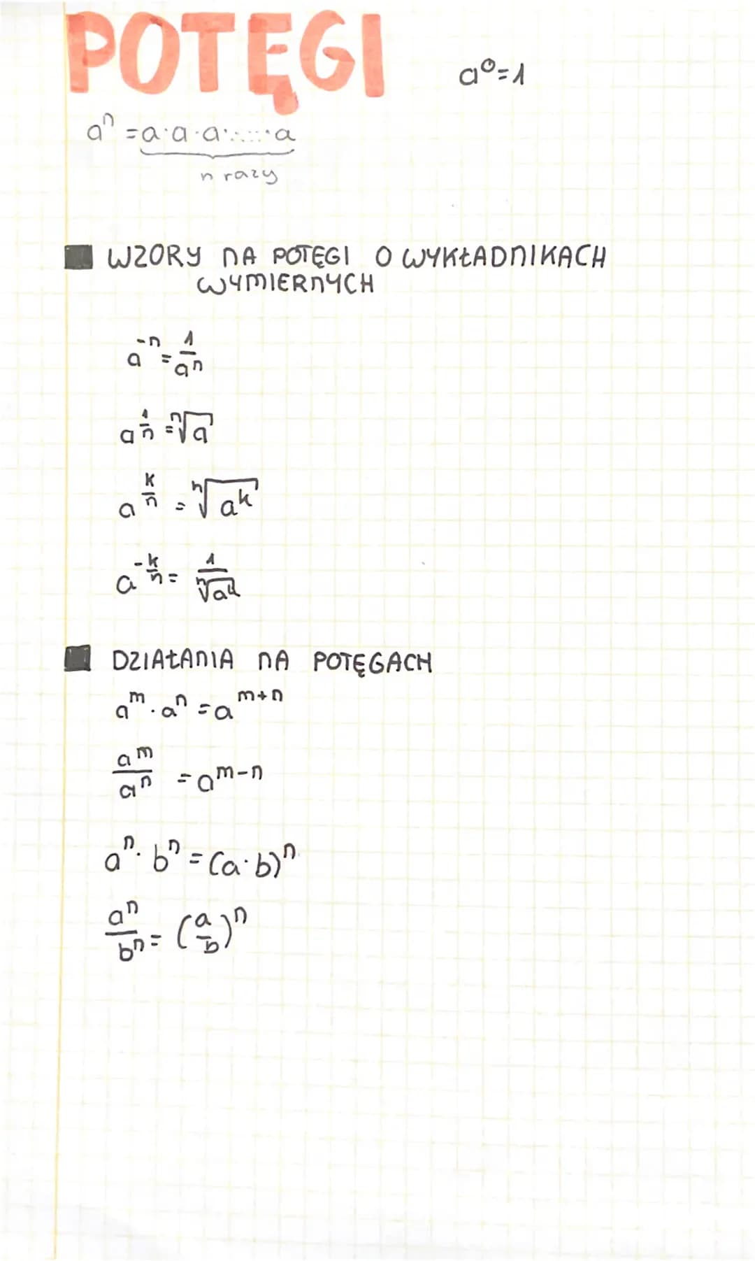 POTĘGI
a=a·a·a·a
n razy
WZORY NA POTEGI O WYKŁADNIKACH
WYMIERNYCH
4
==√
K
a = = "Jak
ñ
Jau
a
DZIAŁANIA NA POTĘGACH
m+n
am.ansa
-am-n
a = 1
a