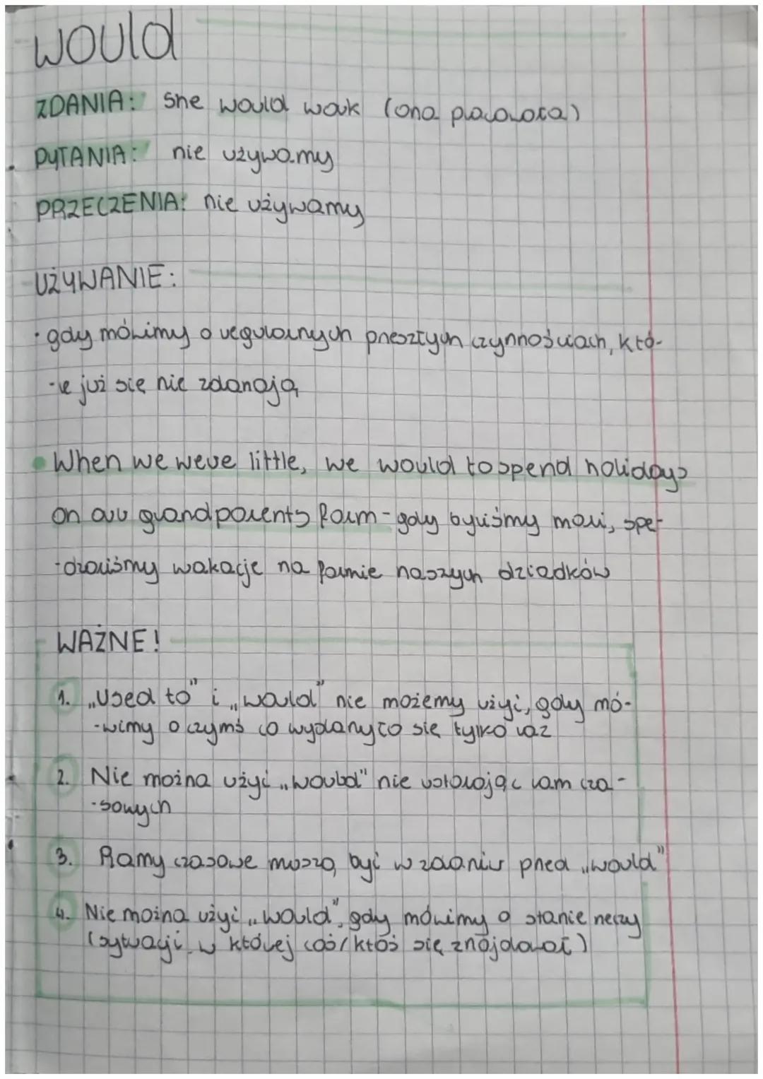 # Used to and would

used to

ZDANIA: She used to wouk lona paowota)

PYTANIA: Did she use to work? (czy ona pracowała?).

PRZECZENIA: She d
