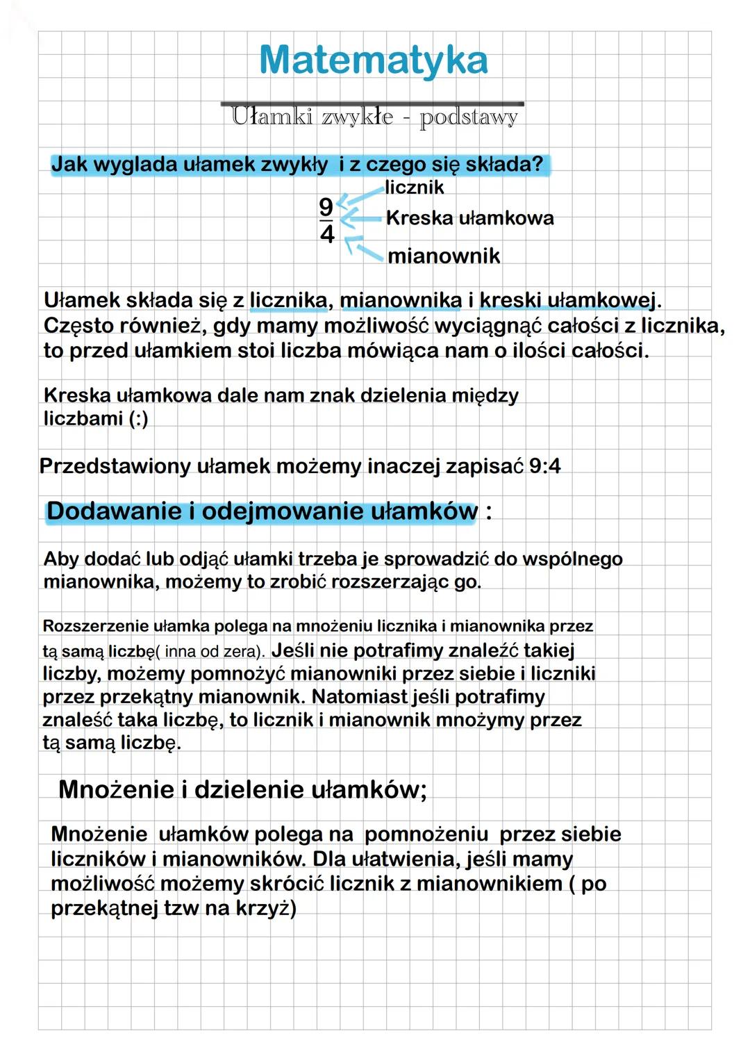Matematyka
Ułamki zwykłe - podstawy
Jak wyglada ułamek zwykły i z czego się składa?
licznik
Kreska ułamkowa
mianownik
94
WA
Ułamek składa si
