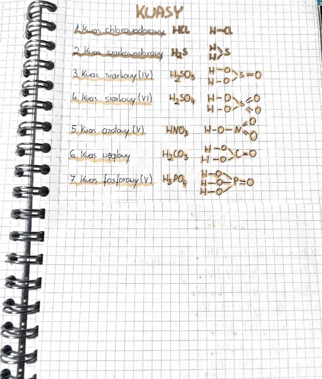 # KUASY

1. kwas chlorovodorowy HCL

   H-C

2. Kuas siarkowodorouy H₂S

   HIS
   H

3. Kwas siarkouy (IV) H2SO3

   H-O
   -S=0
   H-O

4.