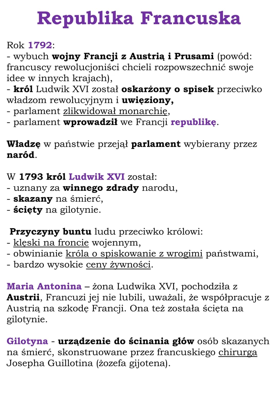 Republika Francuska
Rok 1792:
- wybuch wojny Francji z Austrią i Prusami (powód:
francuscy rewolucjoniści chcieli rozpowszechnić swoje
idee 