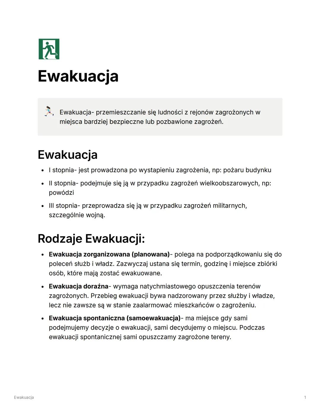 Ewakuacja
肉
Ewakuacja
Ewakuacja- przemieszczanie się ludności z rejonów zagrożonych w
miejsca bardziej bezpieczne lub pozbawione zagrożeń.
E
