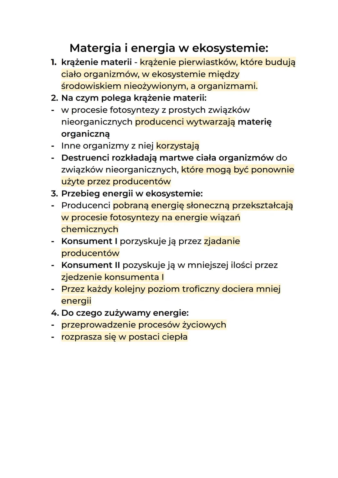 Matergia i energia w ekosystemie:
1. krążenie materii - krążenie pierwiastków, które budują
ciało organizmów, w ekosystemie między
środowisk
