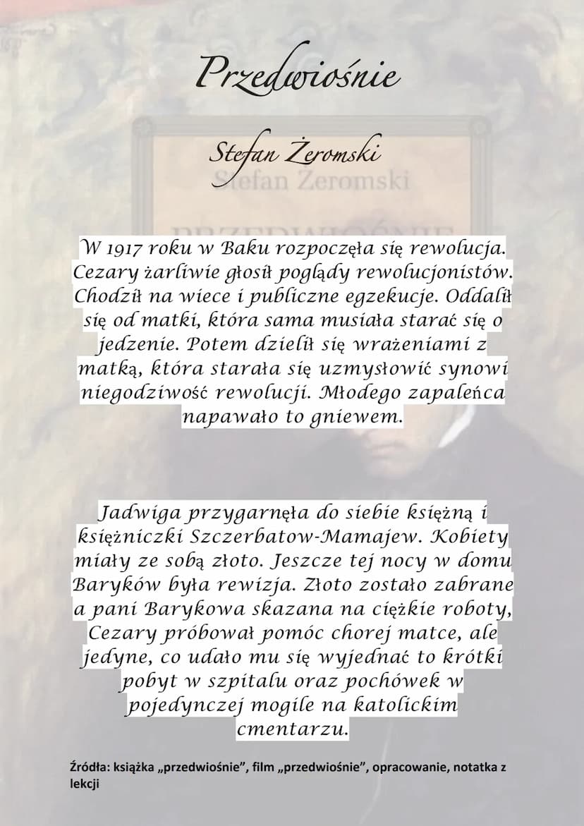 Stefan Żeromski
PRZEDWIOŚNIE Przedwiośnie
Stefan Zeromski
efan Žeromski
PRZEDWIOŚNIE
Akcja utworu zaczyna się od 1914 roku do 1917
roku. Mie