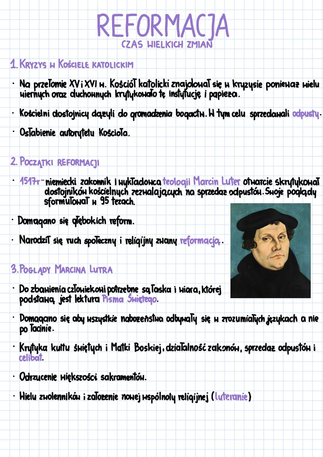 1. KRYZYS W KOŚCIELE KATOLICKIM
• Na przełomie XV i XVI w. Kościół katolicki znajolował się w kryzysie poniewaz wielu
wiernych oraz duchowny