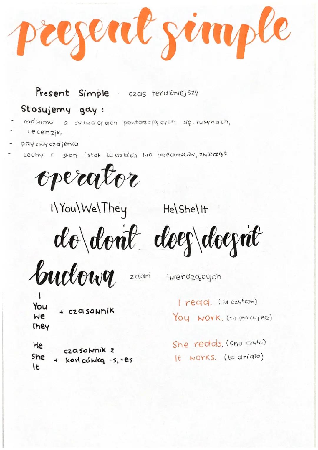 present simple
Present Simple czas teraźniejszy
Stosujemy gdy:
mówimy
recenzje,
przyzwyczajenia
cechy i stan
O sytuacjach powtarzających się