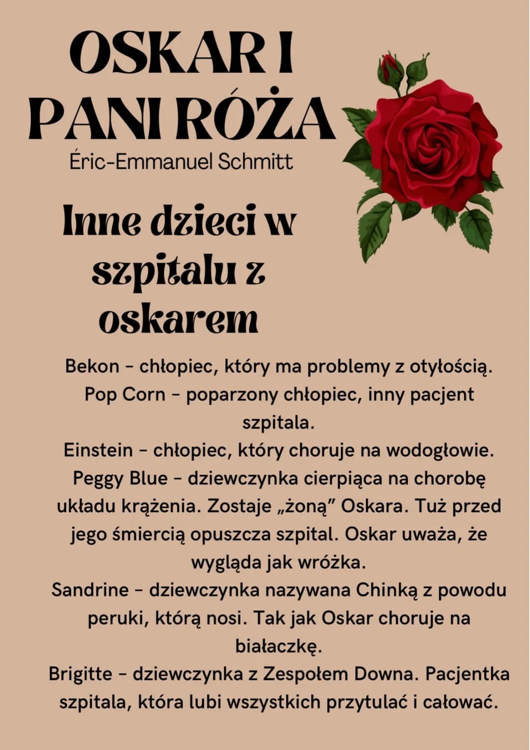 OSKARI
PANI RÓŻA
Eric-Emmanuel Schmitt
Inne dzieci w
szpitalu z
oskarem
Bekon - chłopiec, który ma problemy z otyłością.
Pop Corn - poparzon