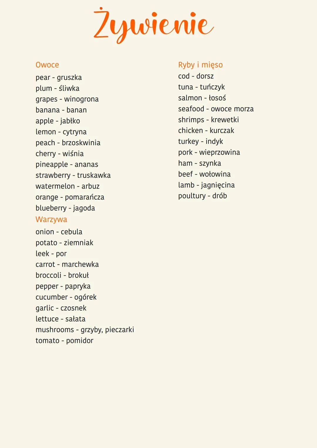 Owoce
pear - gruszka
plum - śliwka
Żywienie
grapes - winogrona
banana - banan
apple - jabłko
lemon - cytryna
peach - brzoskwinia
cherry - wi