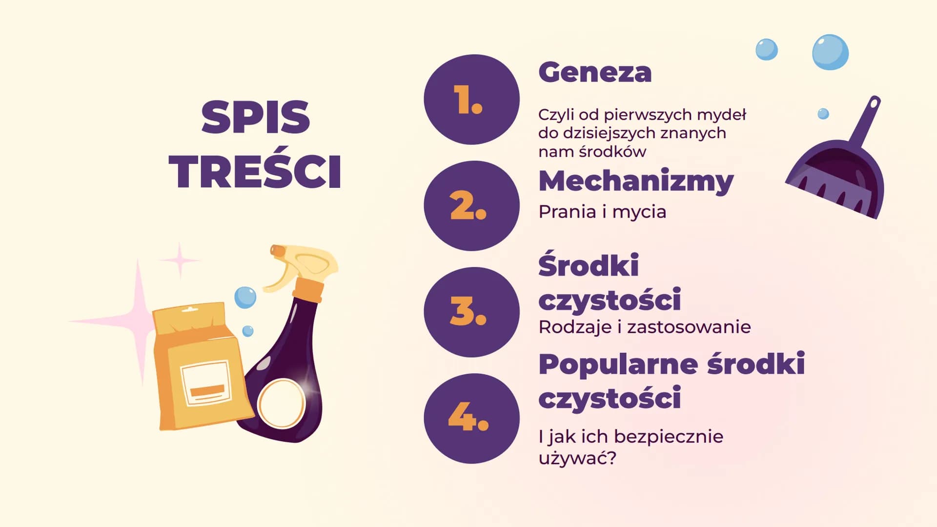 Środki
czystości SPIS
TREŚCI
1.
2.
3.
4.
Geneza
Czyli od pierwszych mydeł
do dzisiejszych znanych
nam środków
Mechanizmy
Prania i mycia
Środ