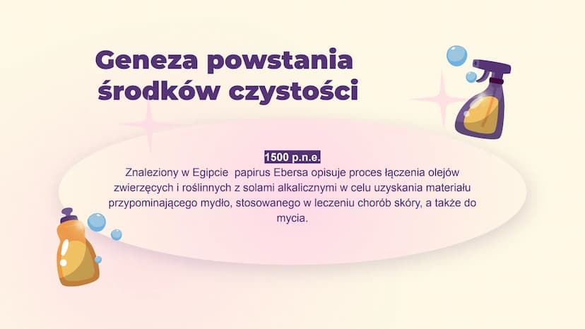 Środki
czystości SPIS
TREŚCI
1.
2.
3.
4.
Geneza
Czyli od pierwszych mydeł
do dzisiejszych znanych
nam środków
Mechanizmy
Prania i mycia
Środ