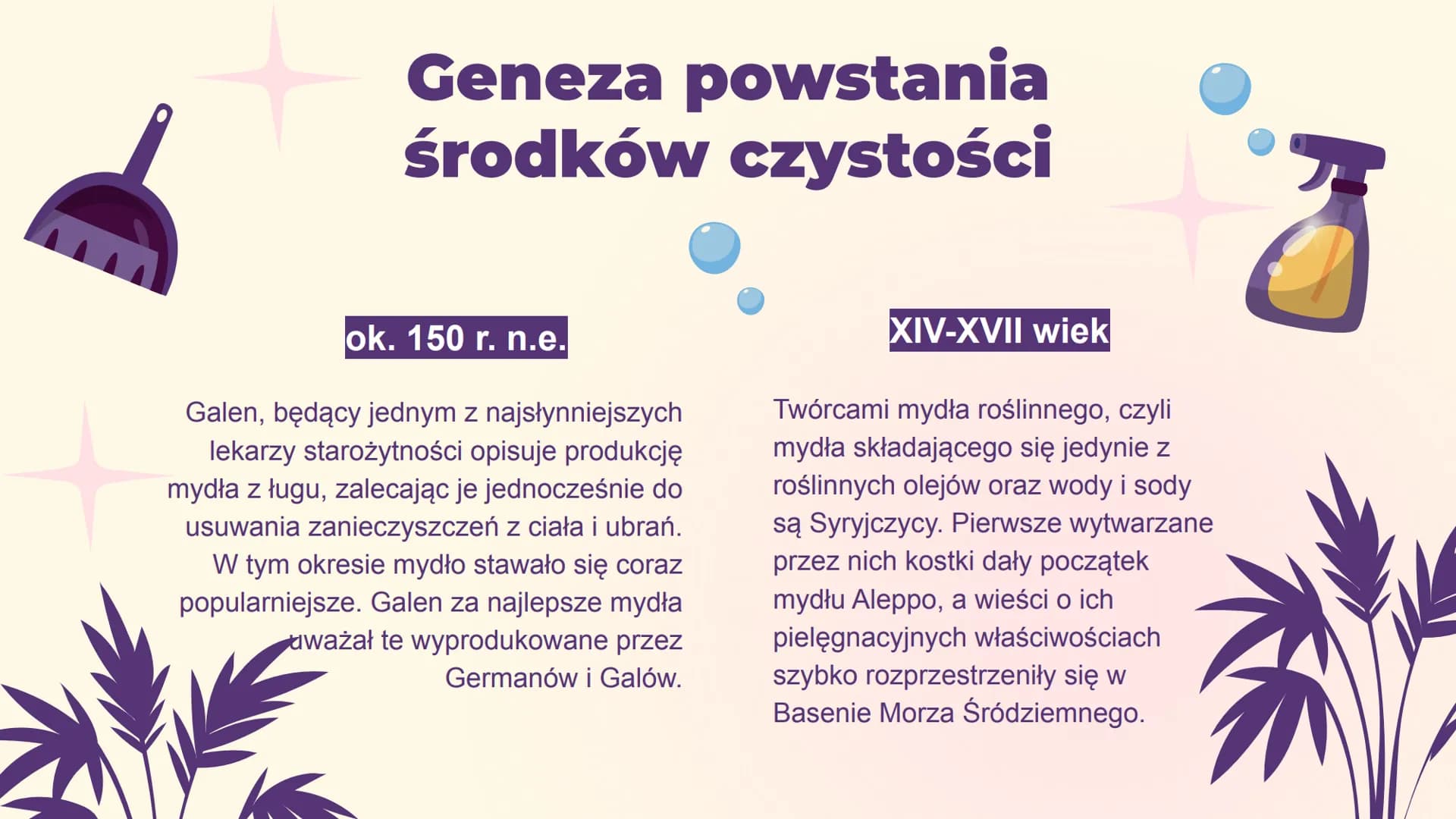 Środki
czystości SPIS
TREŚCI
1.
2.
3.
4.
Geneza
Czyli od pierwszych mydeł
do dzisiejszych znanych
nam środków
Mechanizmy
Prania i mycia
Środ