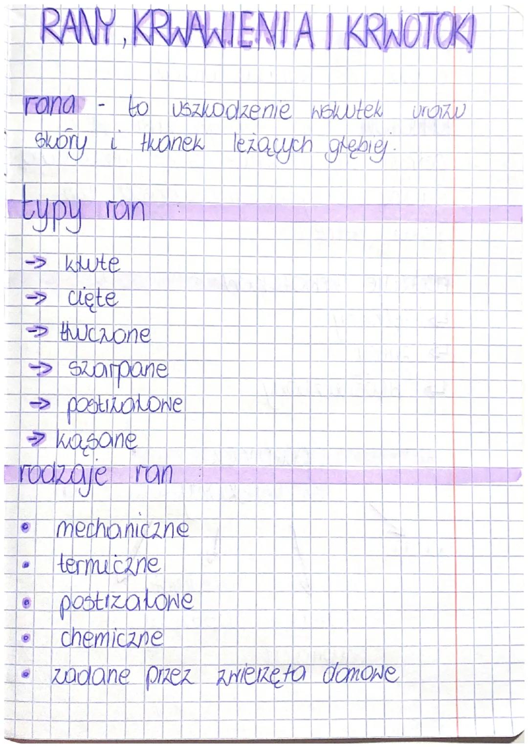 # RANY, KRWAWIENIA I KRINOTOKI

rana - to uszkodzenie wskutek urozw
skory i twanek leżących grębiej.

## typy ran

-> kiute

> cięte

> thuc