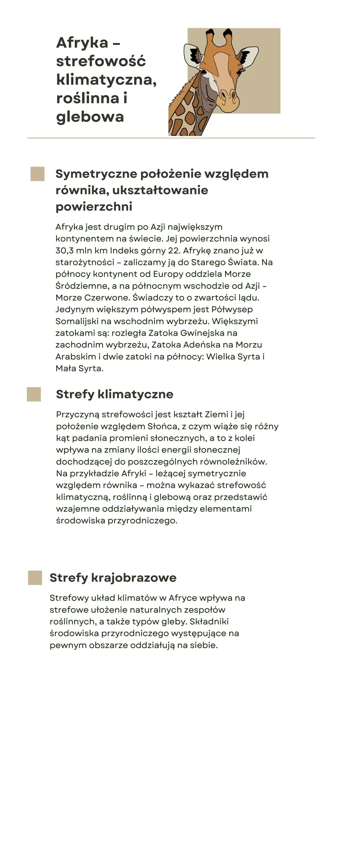 Afryka -
strefowość
klimatyczna,
roślinna i
glebowa
Symetryczne położenie względem
równika, ukształtowanie
powierzchni
Afryka jest drugim po