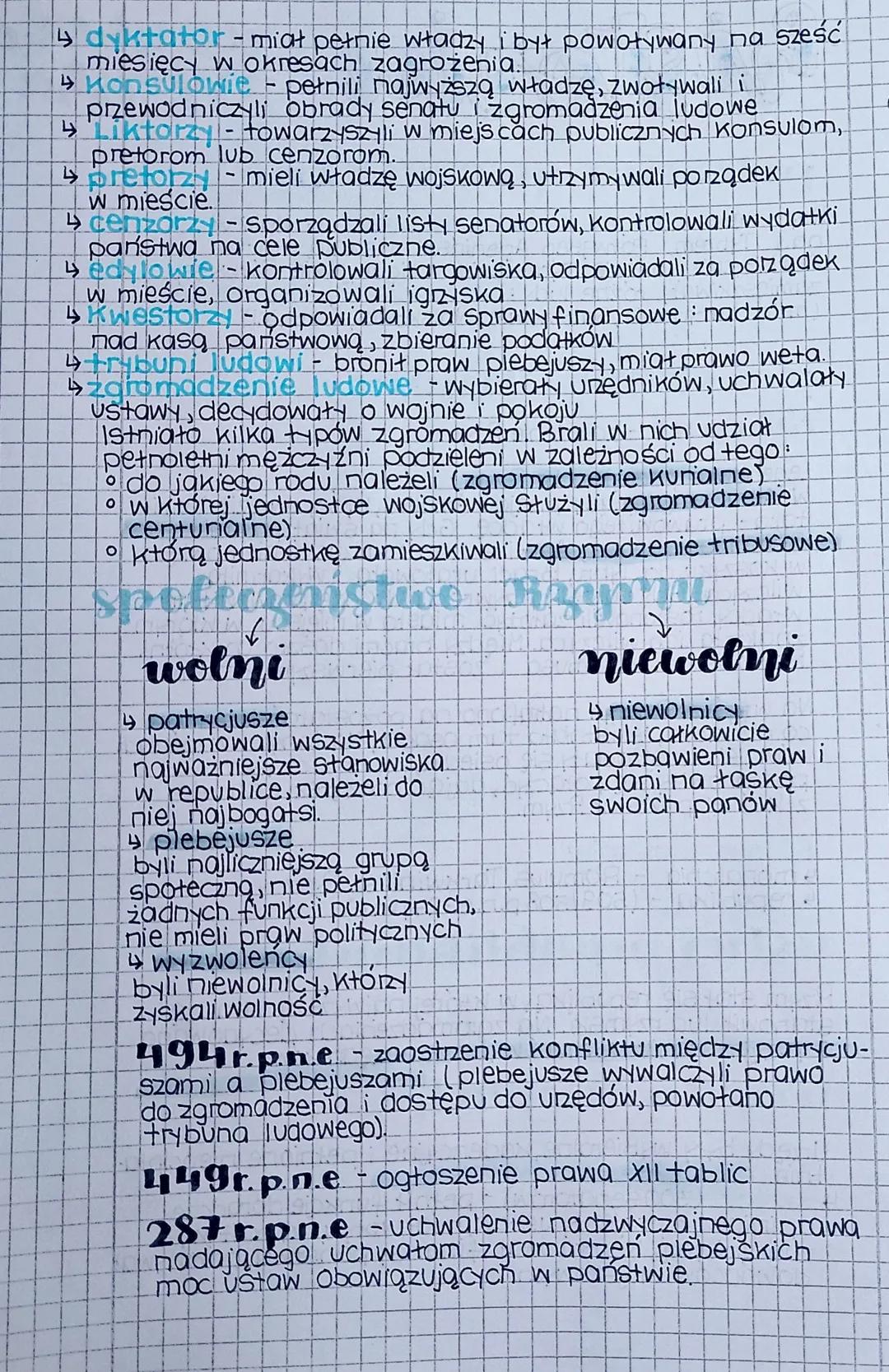 ↳dyktator - miał pełnie władzy i był powoływany na sześć
miesięcy w okresach zagrożenia.
↳ Konsulowie - pełnili najwyższą władzę, zwoływali 