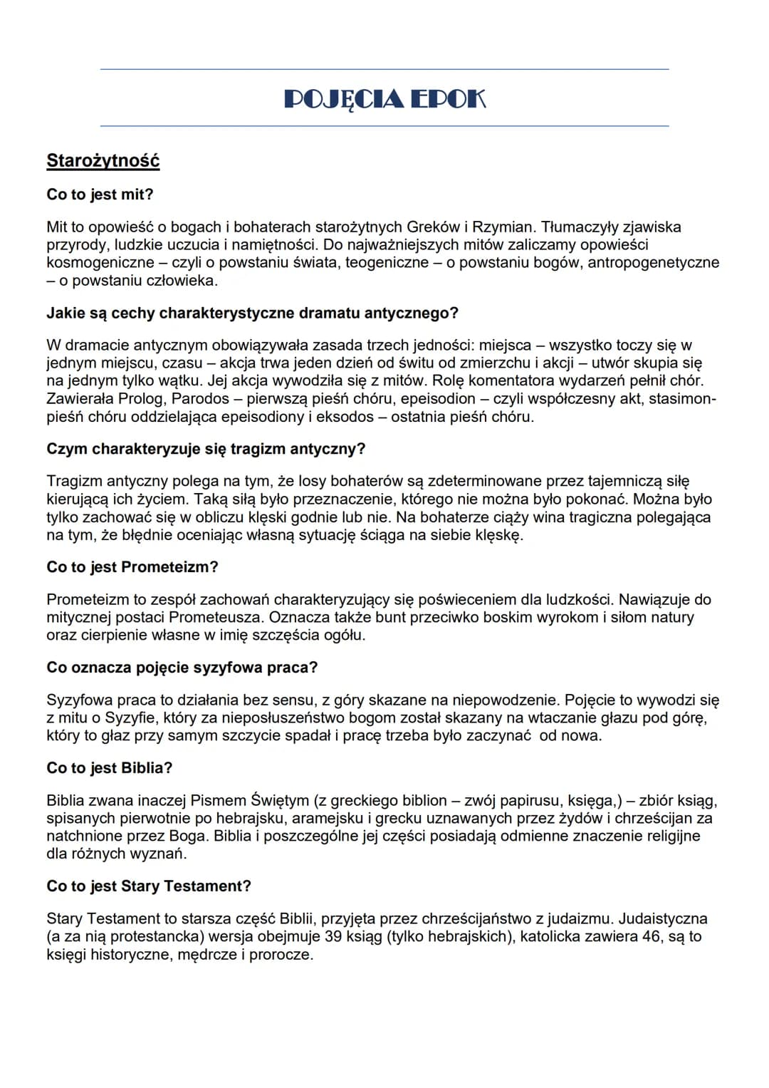 POJĘCIA EPOK
Starożytność
Co to jest mit?
Mit to opowieść o bogach i bohaterach starożytnych Greków i Rzymian. Tłumaczyły zjawiska
przyrody,