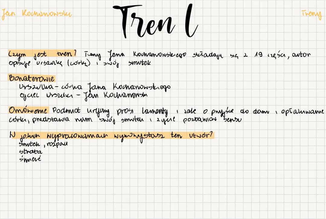 Treny Kochanowskiego - opracowanie klasa 7: Tren 1, Tren V, Tren 7 i 8, interpretacje i streszczenia