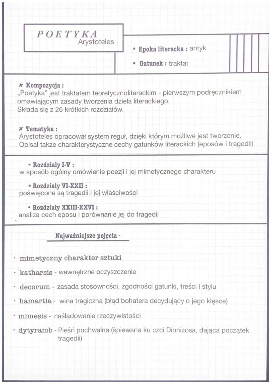 .
POETYKA
Arystoteles
•
Epoka literacka: antyk
• Gatunek: traktat
* Kompozycja:
,,Poetyka" jest traktatem teoretycznoliterackim - pierwszym 