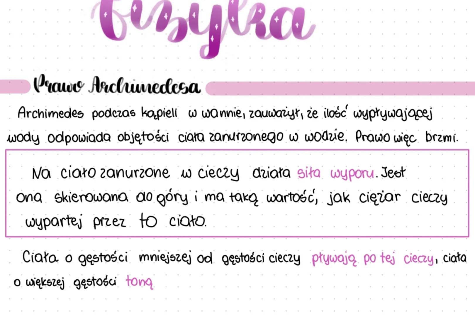 bezylra
Ra
Prawo Archimedesa
Archimedes podczas kąpieli w wannie, zauważył, że ilość wypływającej
wody odpowiada objętości ciała zanurzonego