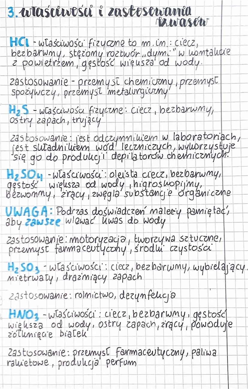 1
chenna
Dawasy
1. wzory i nazwy kwasów
HCI- kwas chlorowodorowy (kwas beztlenowy)
H₂S - uwas siarkowodorowy (kwas beztlenowy)
H₂SO4 - wwas 