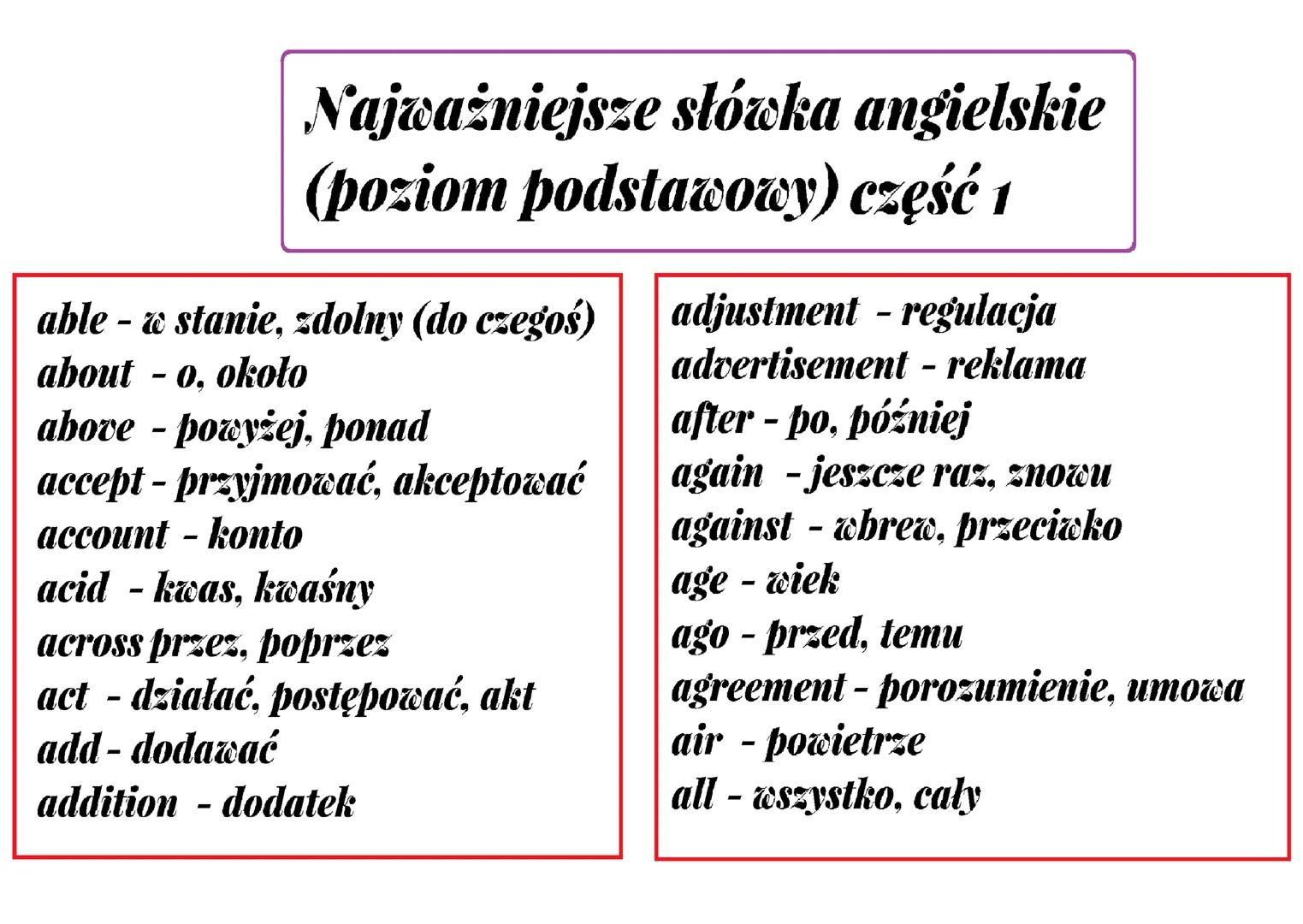 Najważniejsze słówka angielskie
(poziom podstawowy) część 1
able- & stanie, zdolny (do czegoś)
about – o, około
above-powyżej, ponad
accept 