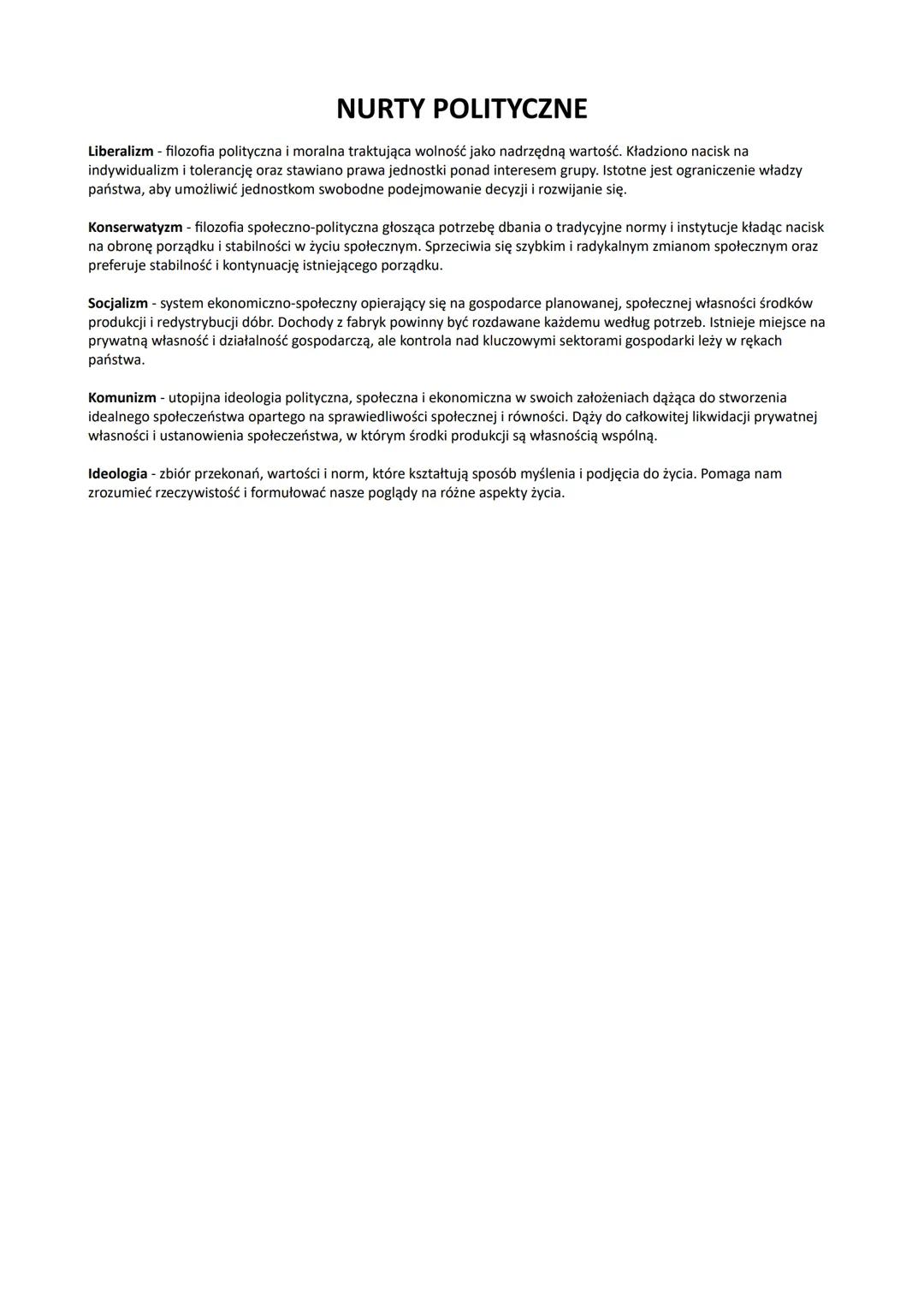 NURTY POLITYCZNE
Liberalizm - filozofia polityczna i moralna traktująca wolność jako nadrzędną wartość. Kładziono nacisk na
indywidualizm i 