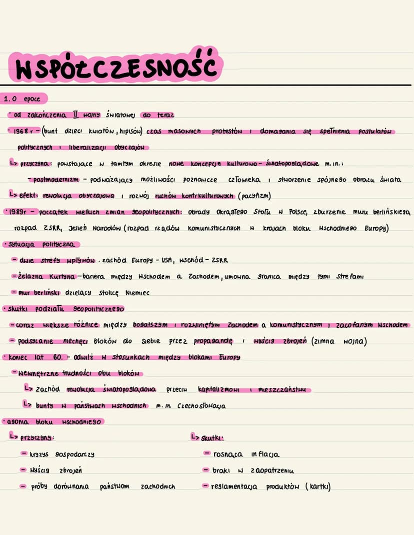 spółczesność NSPÓŁCZESNOŚĆ
1.0 epoce
od zakończenia II wojny światowej do teraz
• 1968 r - (bunt dzieci kwiatów, hipisów) czas masowych prot