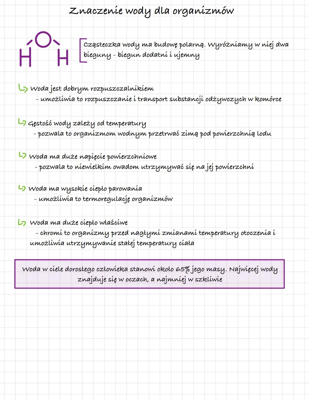 # Znaczenie wody dla organizmów

HH

Cząsteczka wody ma budowę polarną. Wyróżniamy w niej dwa
bieguny - biegun dodatni i ujemny

Woda jest d