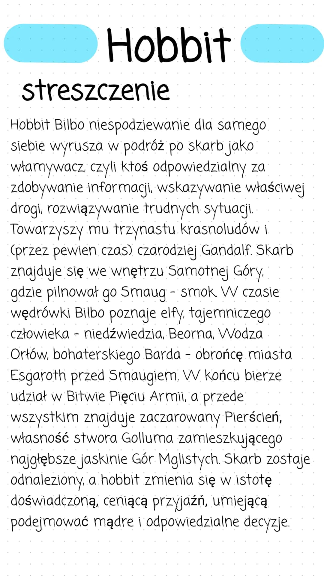 Hobbit
streszczenie
Hobbit Bilbo niespodziewanie dla samego.
siebie wyrusza w podróż po skarb jako
włamywacz, czyli ktoś odpowiedzialny za
z
