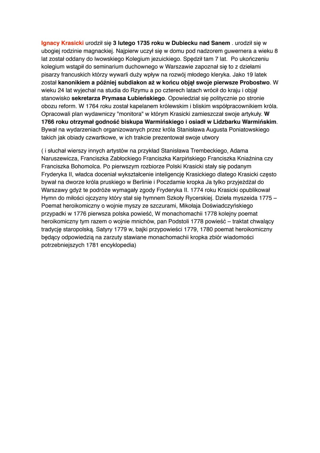 <h2 id="ignacykrasickibiografiakrtka">Ignacy Krasicki - biografia krótka</h2>
<p>Ignacy Krasicki urodził się 3 lutego 1735 roku w Dubiecku n