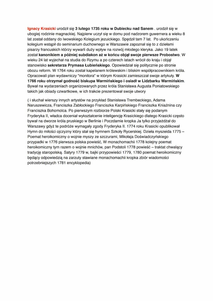 <h2 id="ignacykrasickibiografiakrtka">Ignacy Krasicki - biografia krótka</h2>
<p>Ignacy Krasicki urodził się 3 lutego 1735 roku w Dubiecku n