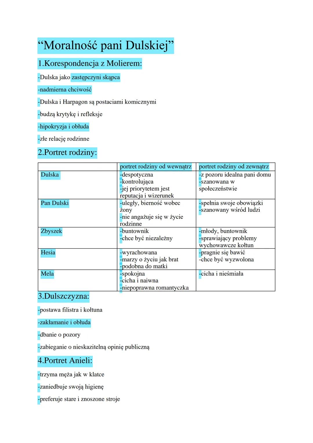--- OCR Start ---
"Moralność pani Dulskiej"
1. Korespondencja z Molierem:
-Dulska jako zastępczyni skąpca
-nadmierna chciwość
-Dulska i Harp
